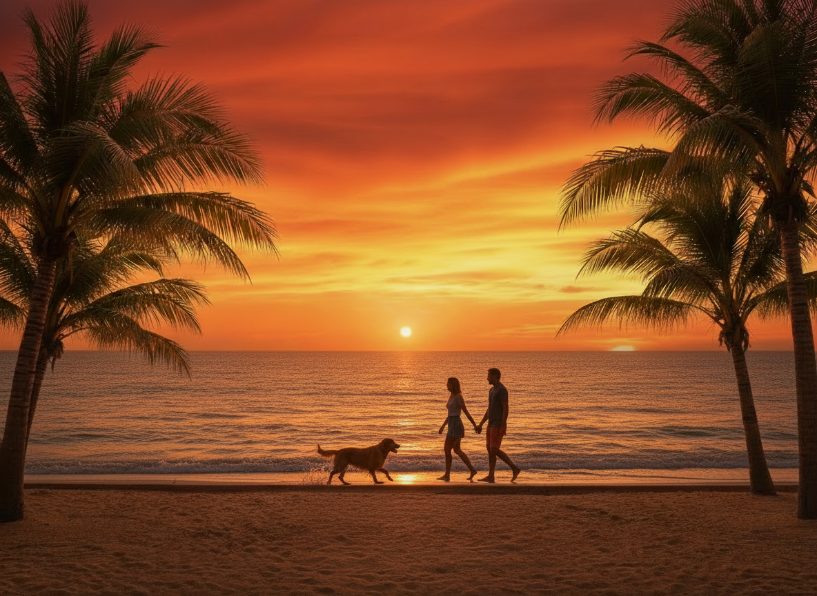A couple walking a golden retriever at sunset