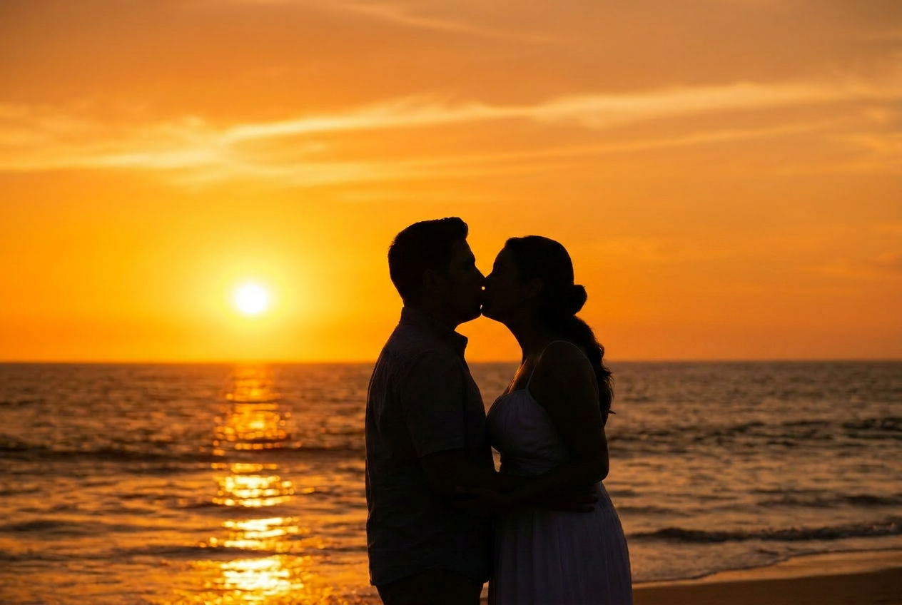 A couple kissing in silhouette against a Florida sunset
