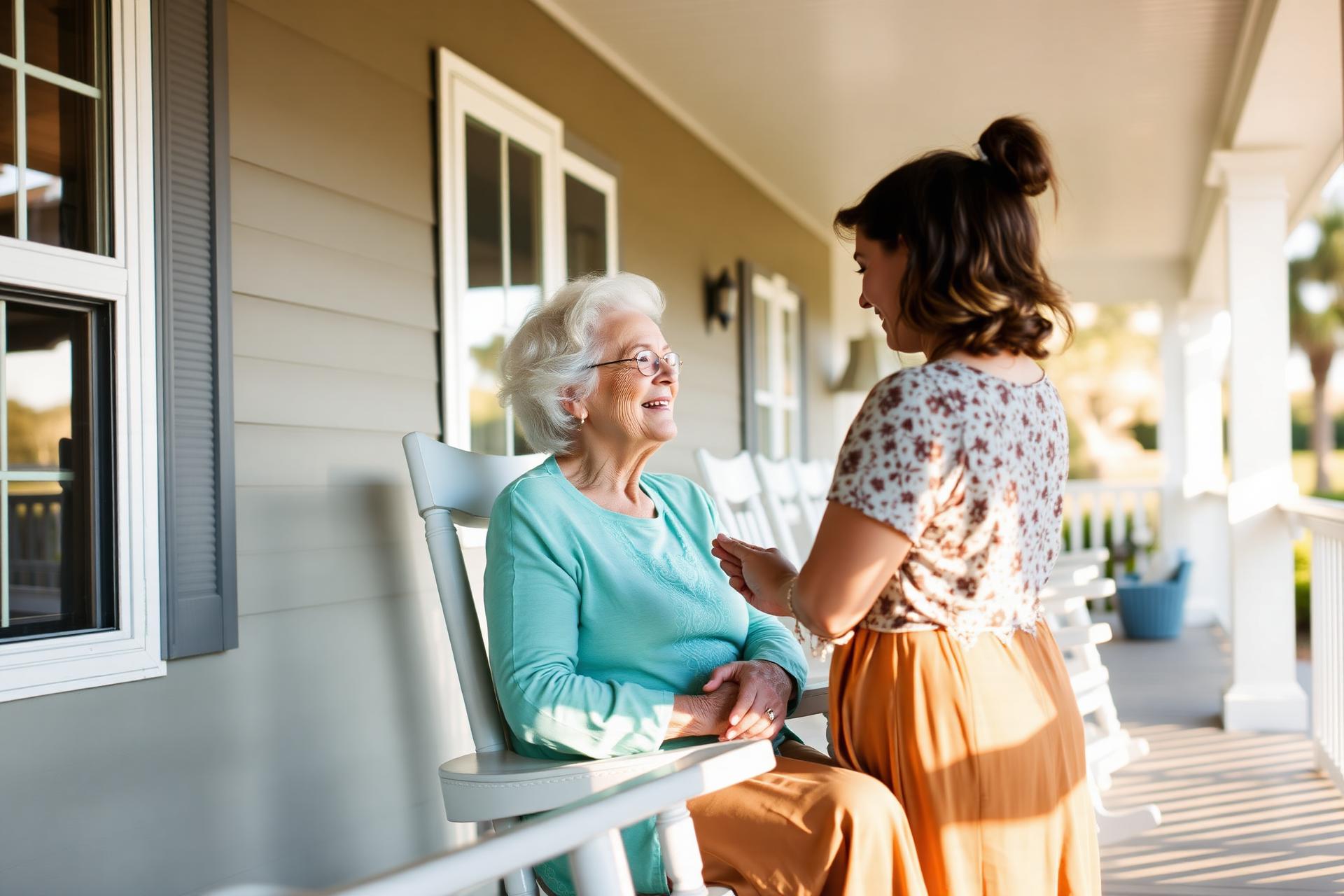 An adult daughter caring for her elderly mother on a sunlit porch
