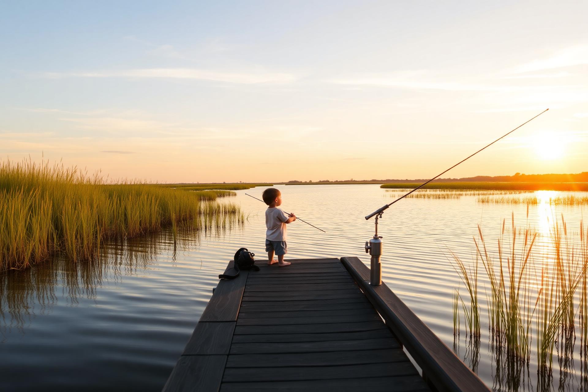 A parent teaching a child to fish from a dock at sunrise