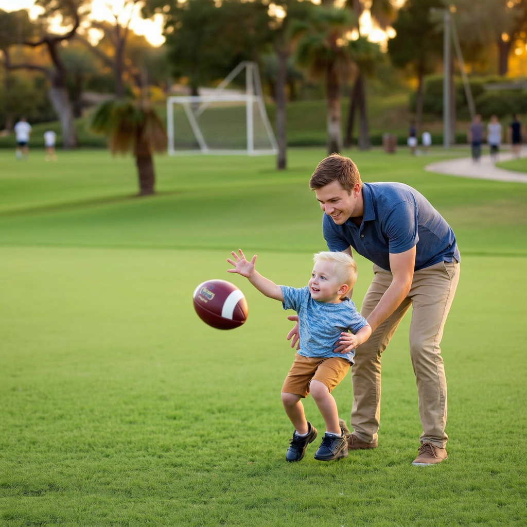 A child catching a football on a sunlit park field