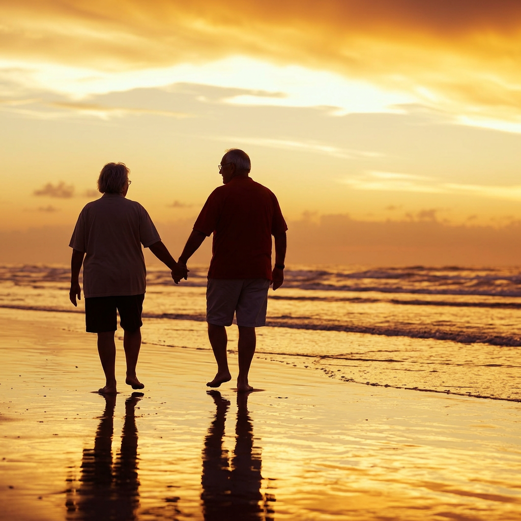An older couple holding hands walking the beach at sunset